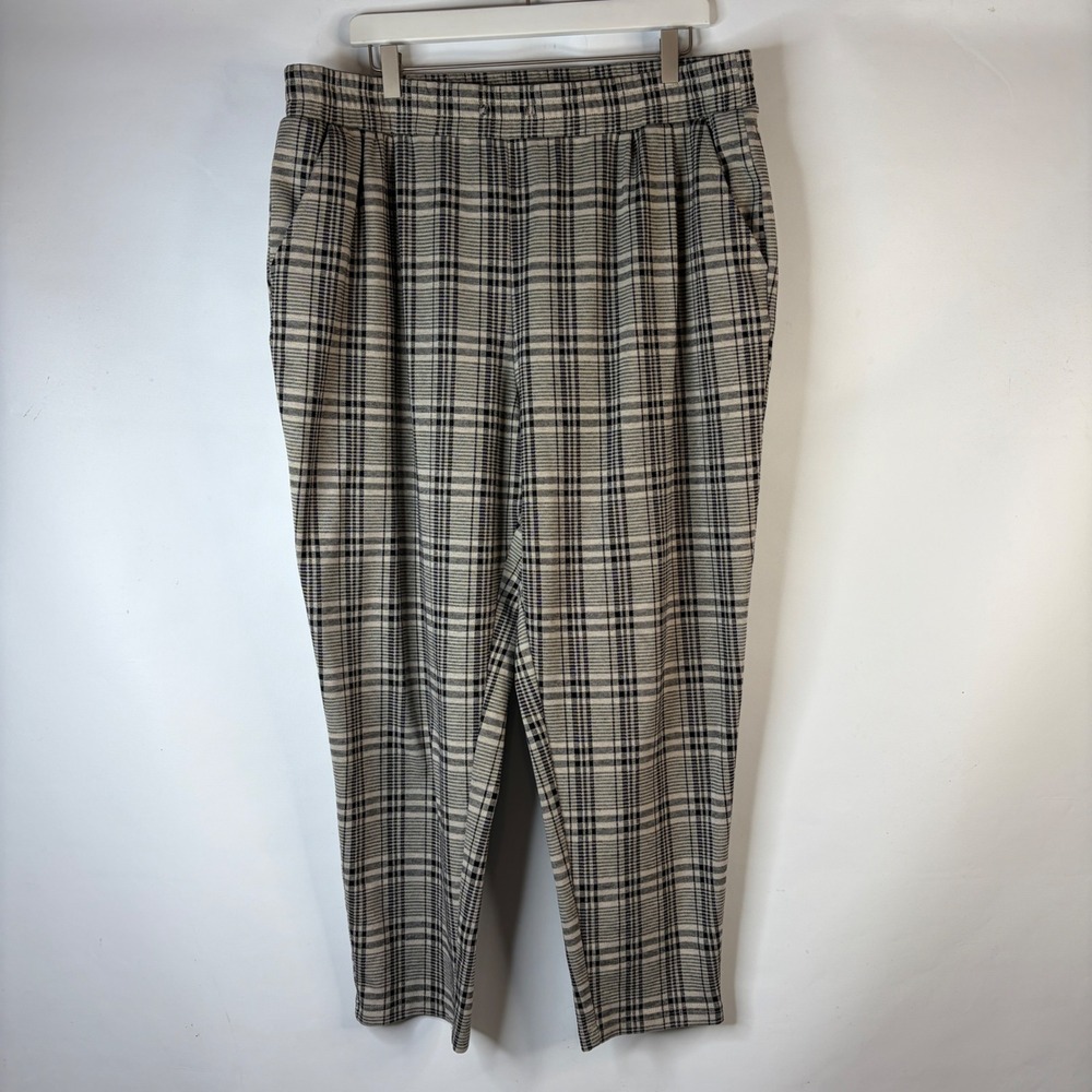 Cato Plaid Tapered Pants Women 18/20W Black Tan Elastic Waist Pockets